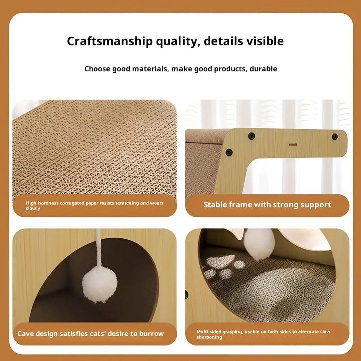 Cardboard cat scratching post bed with top ramp, side tunnel, and hanging pom-pom
