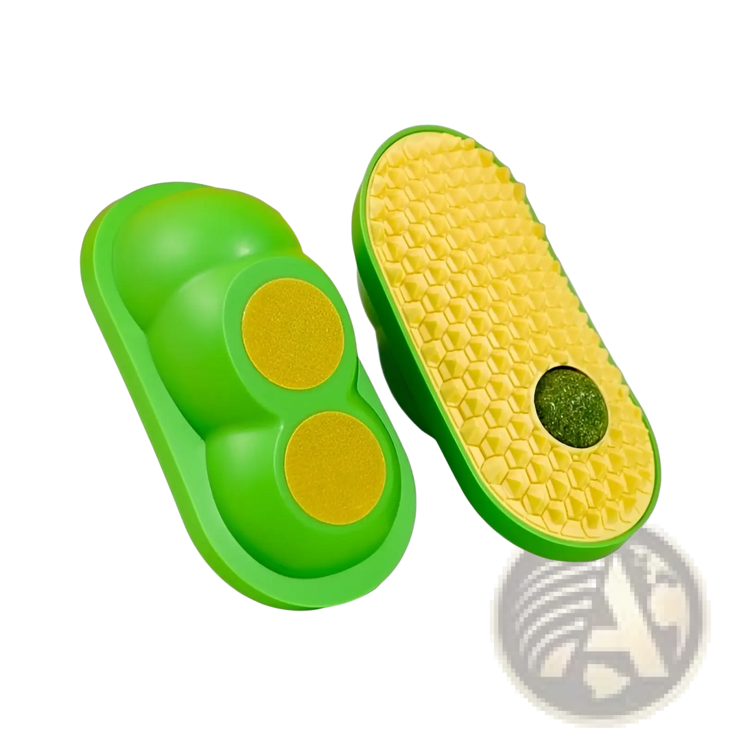 Cat self-grooming silicone brush toy, green backing with green and yellow textured pads