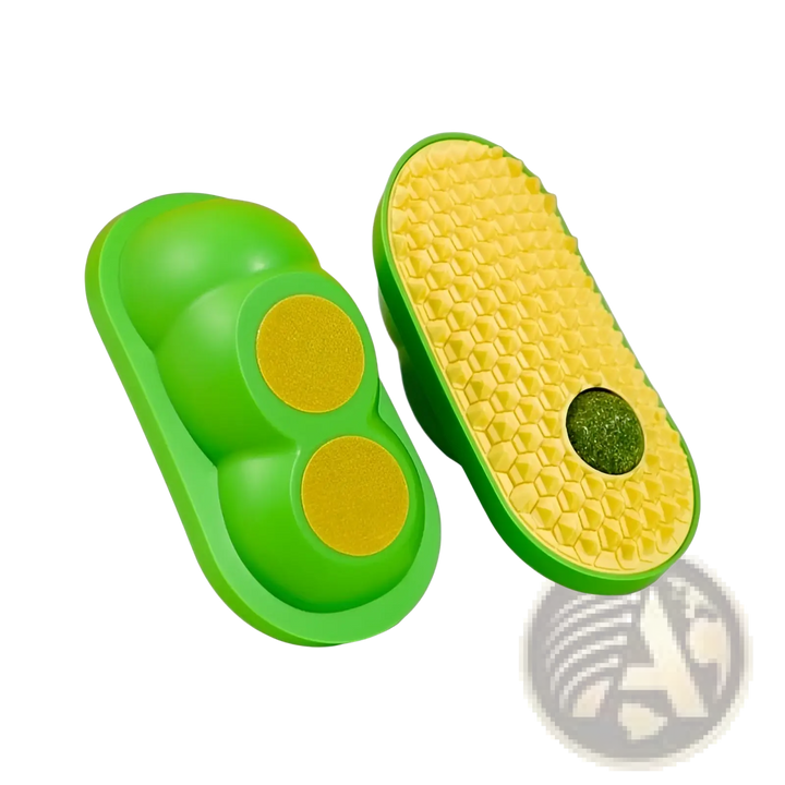 Cat self-grooming silicone brush toy, green backing with green and yellow textured pads