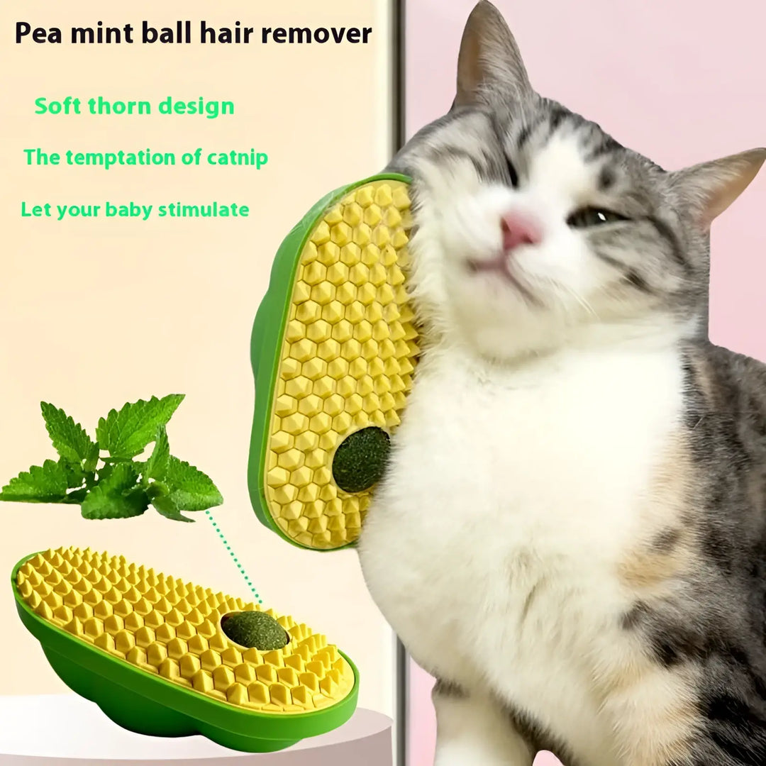 Cat self-grooming silicone brush and scratching toy, green with honeycomb yellow pad