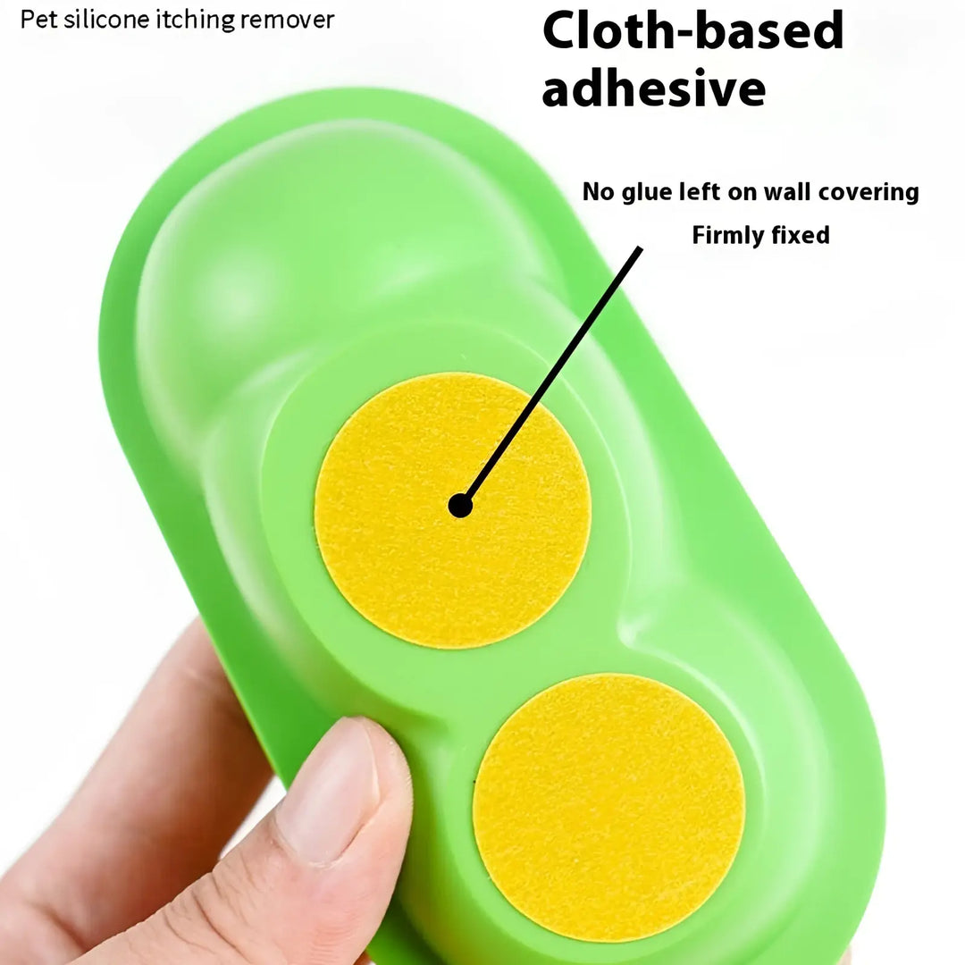 Cat silicone scratching toy with cloth-based adhesive, green backing and two yellow pads