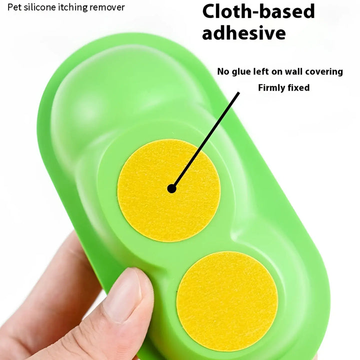 Cat silicone scratching toy with cloth-based adhesive, green backing and two yellow pads