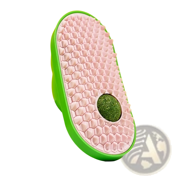 Cat self-grooming silicone brush, green edge with pink honeycomb scratching surface