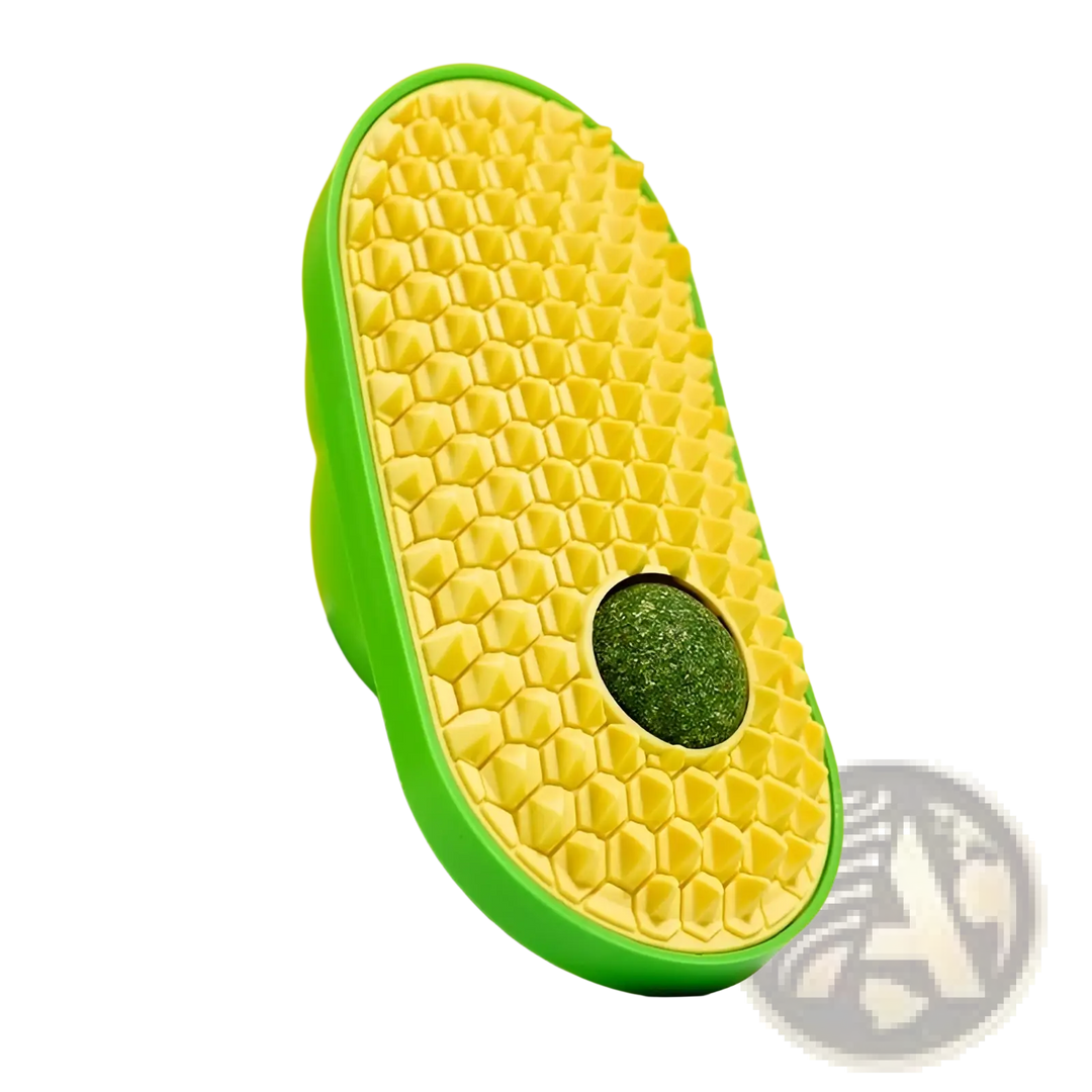 Cat self-grooming silicone brush, green edge with yellow honeycomb scratching surface