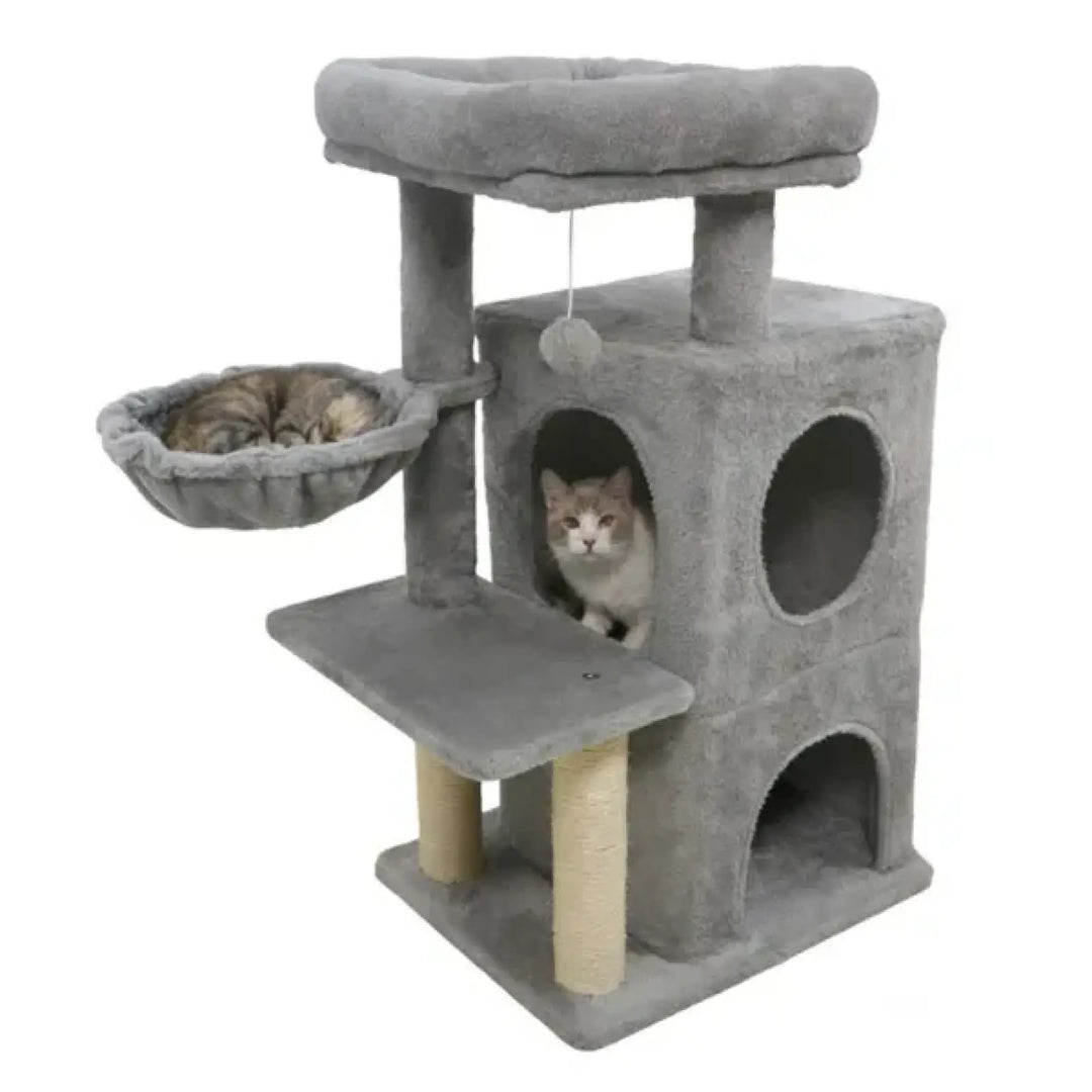 Gray cat tree with plush top, two tube-style condos, and mid-level platform