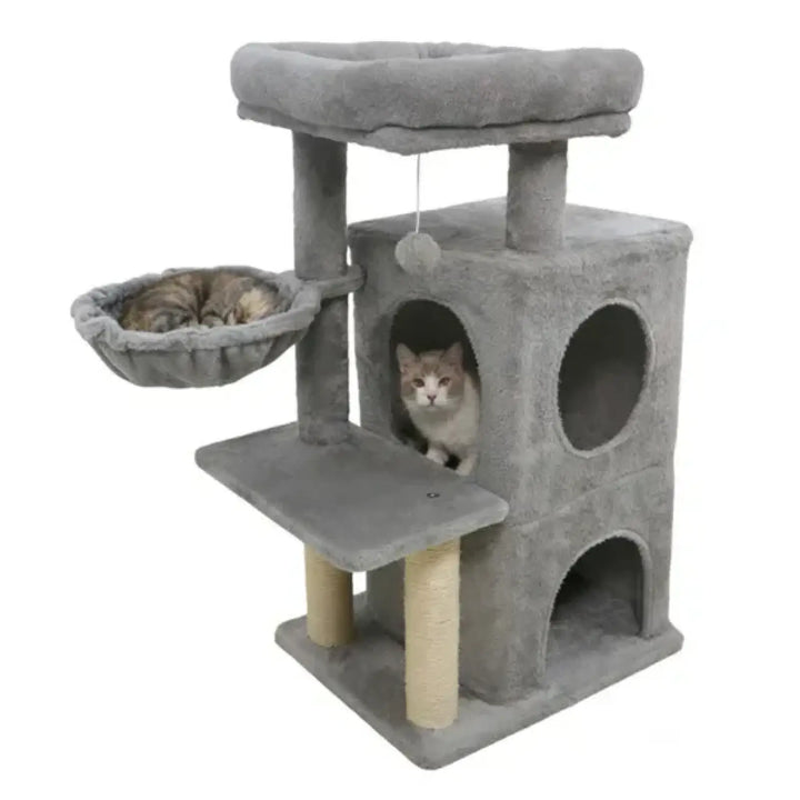 Gray cat tree with plush top, two tube-style condos, and mid-level platform