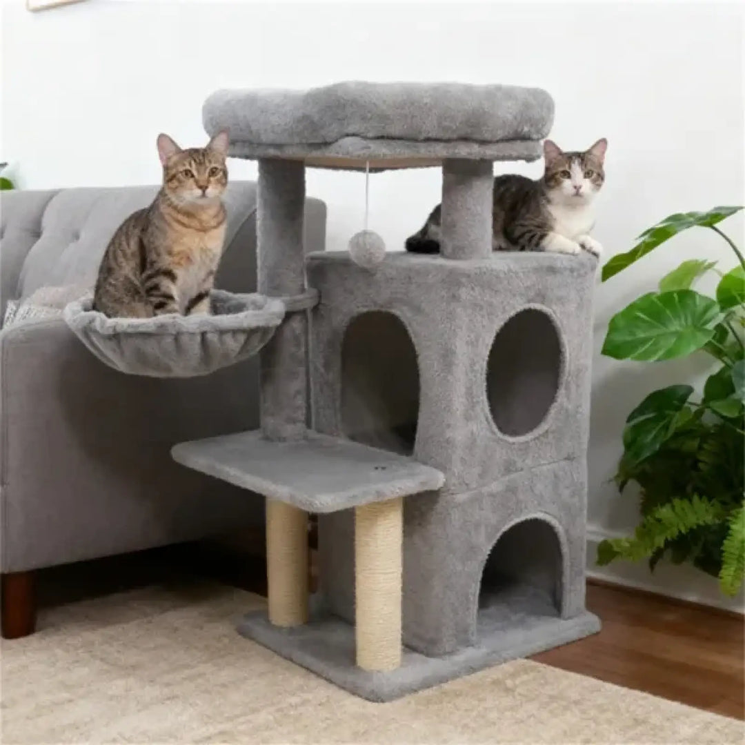 Gray cat tree with circular window condos, lower hammock bed, and top perch