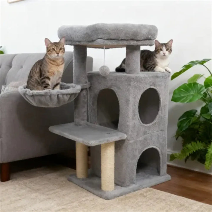 Gray cat tree with circular window condos, lower hammock bed, and top perch