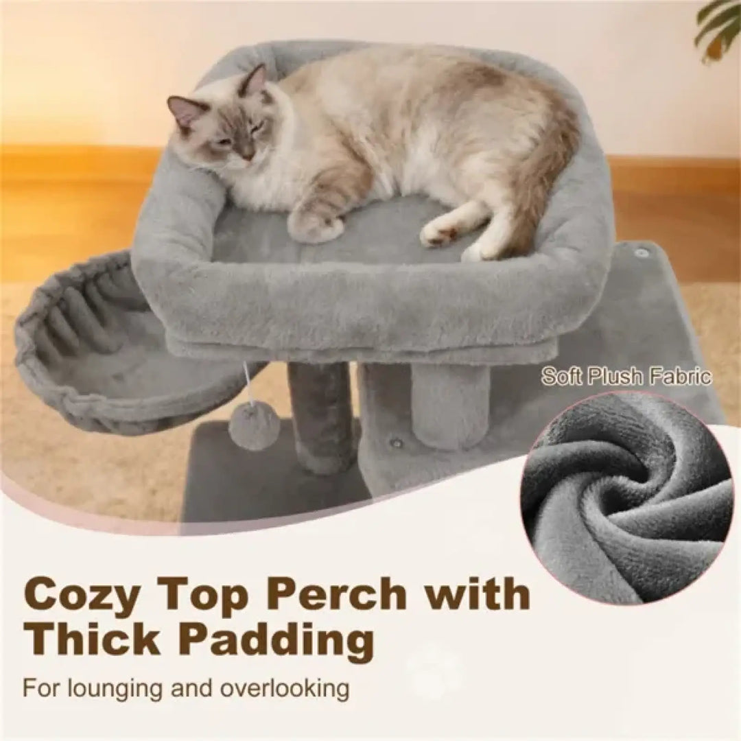 Gray cat tree top perch with soft plush cushion for lounging and resting