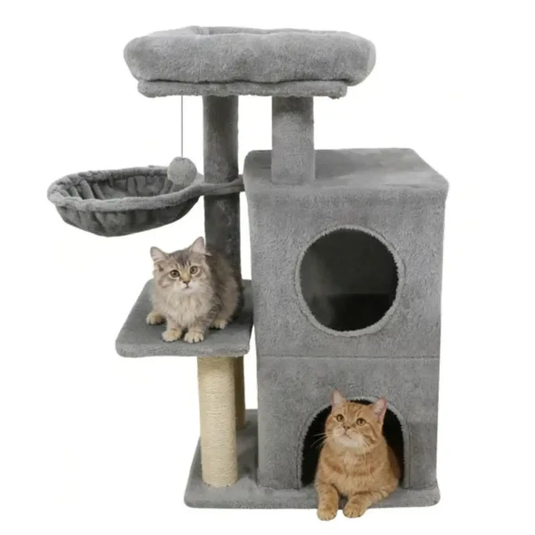 Gray multi-level cat tree with plush top perch, condo houses, and sisal scratching posts