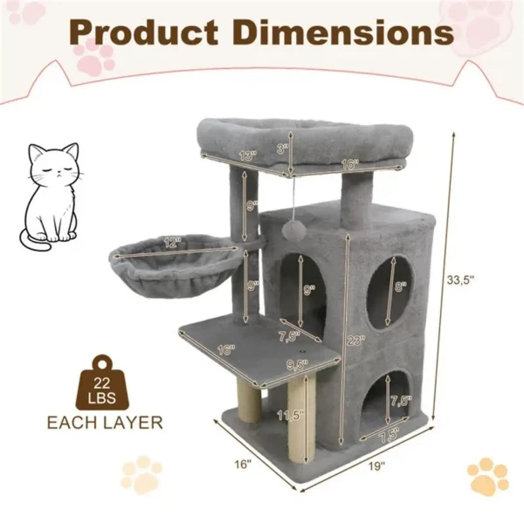 Gray multi-level cat tree with platforms and scratching posts, product dimensions diagram