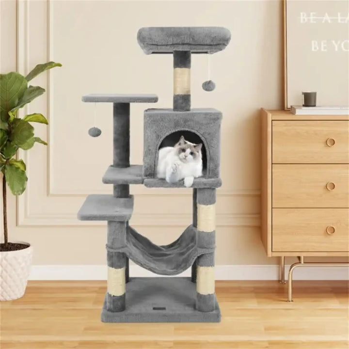 Light gray cat tower with arched condo, stacked platforms, and hanging hammock