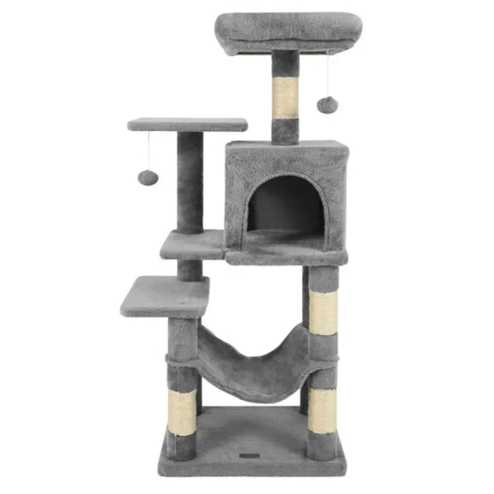 Light gray cat perch tree with enclosed cubby and hanging hammock underneath