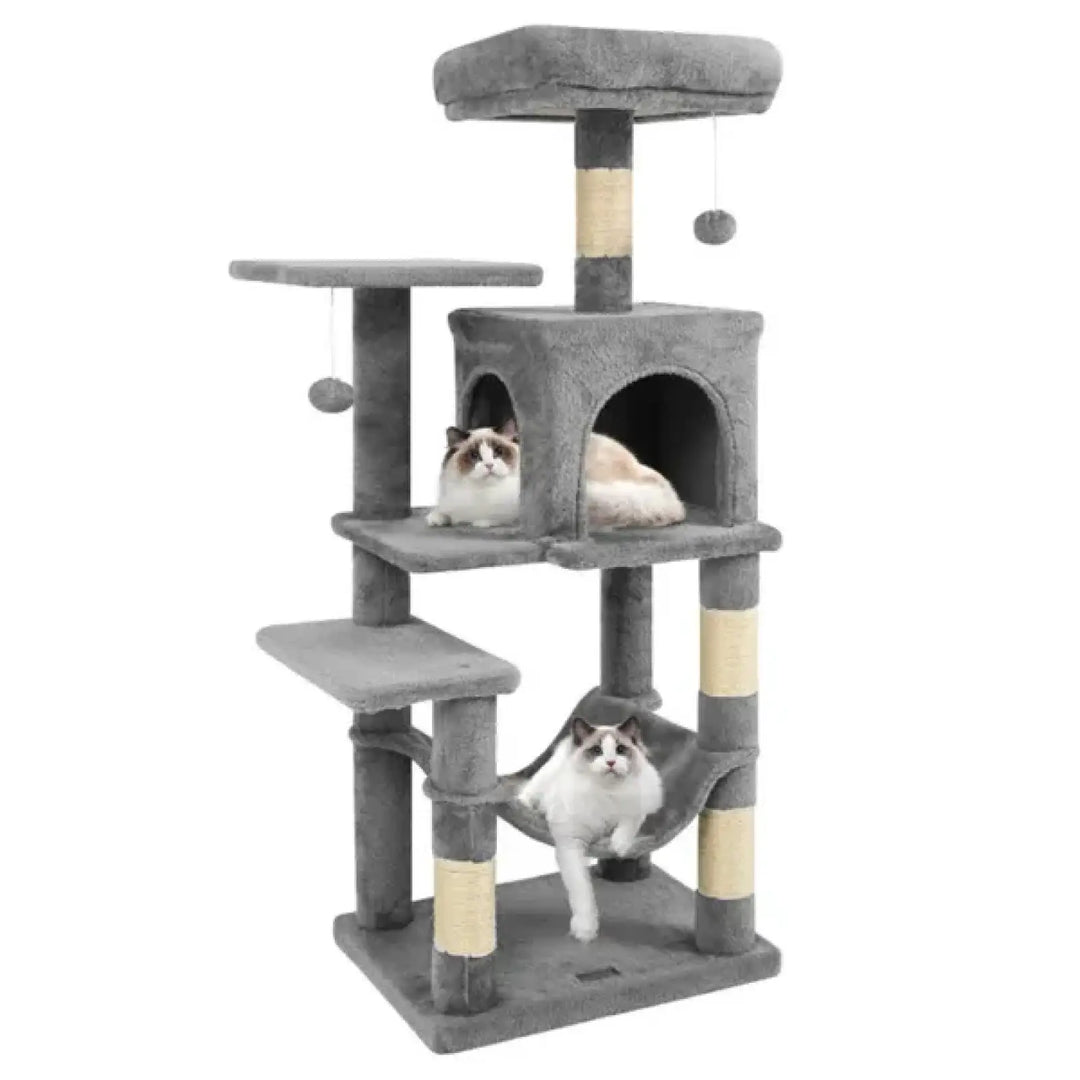 Light gray multi-level cat tree with condo hideout, cube steps, and hammock perch