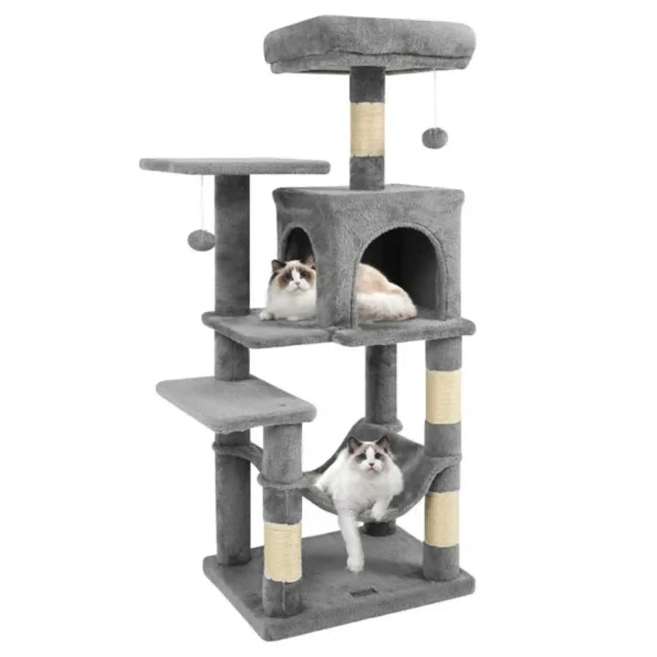 Light gray multi-level cat tree with condo hideout, cube steps, and hammock perch