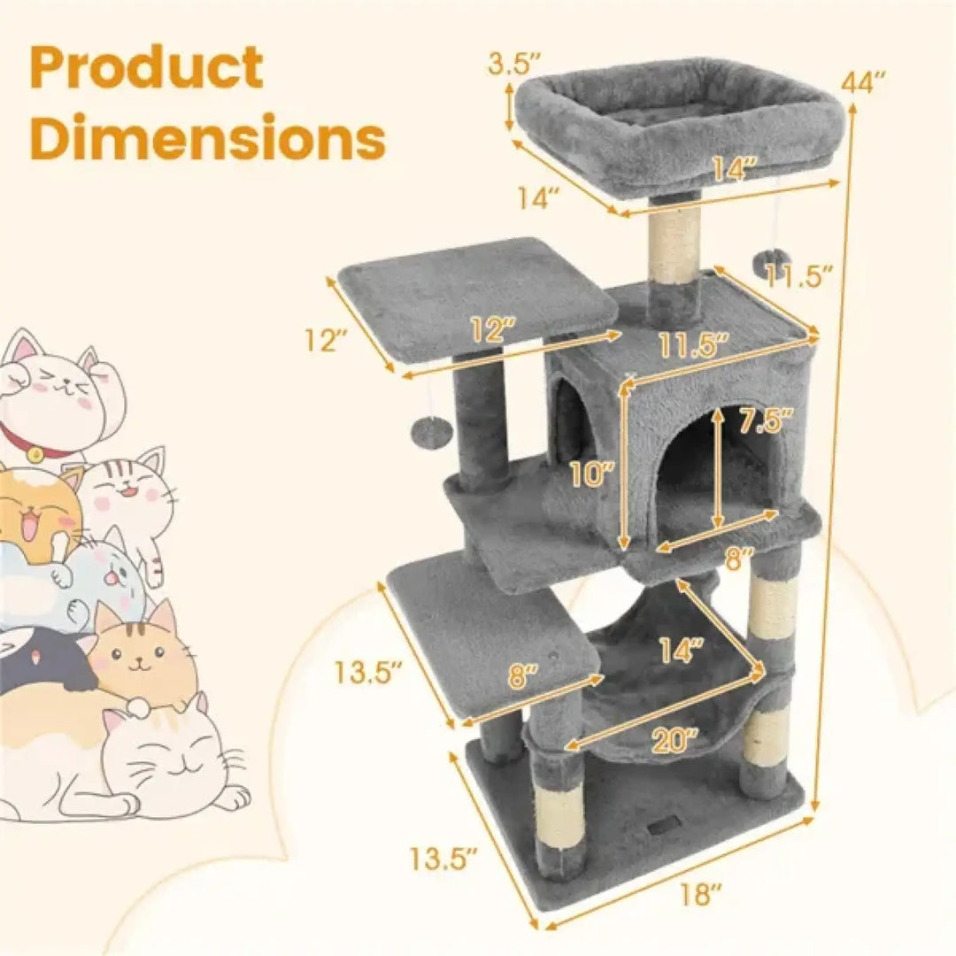 Light gray cat tree with condo, curved hammock bed, and stacked level platforms