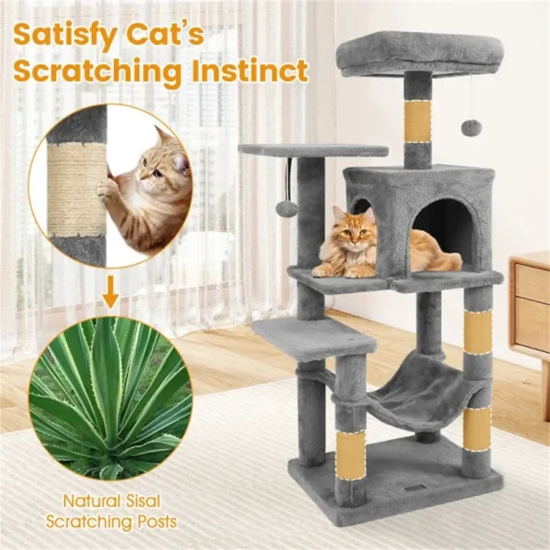 Gray cat tree with natural sisal scratching posts, condo house, and hammock