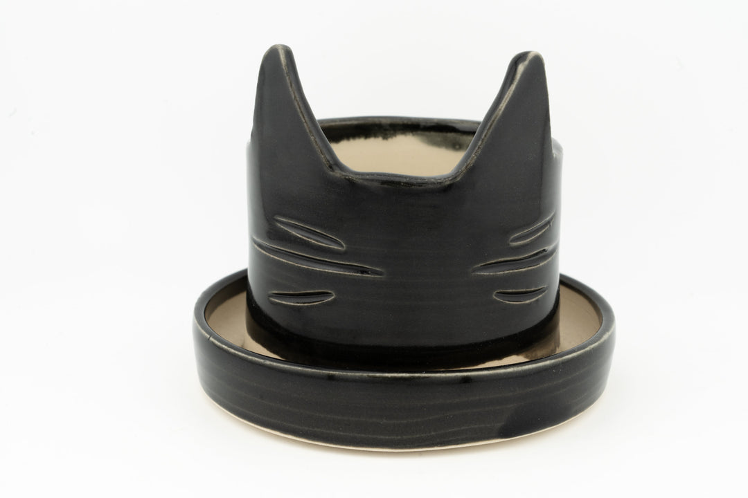 Black cat-shaped planter with matching saucer, matte-to-gloss glazed ceramic