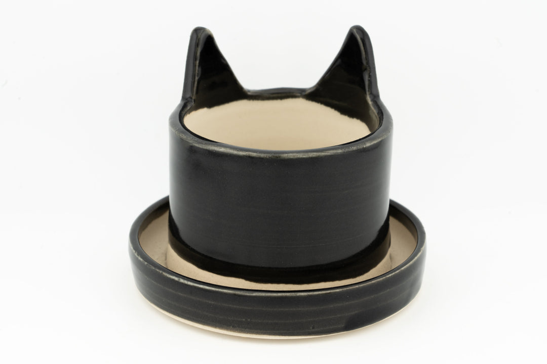 Black kitty cat ceramic planter with raised ears and beige inner bowl
