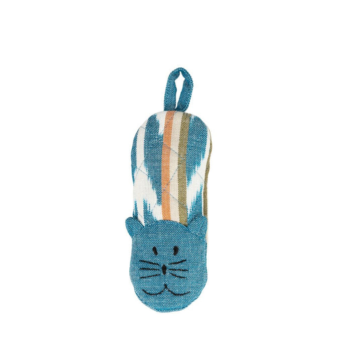 Cat skillet handle holder, blue cat face with multicolor striped body and hanging loop.