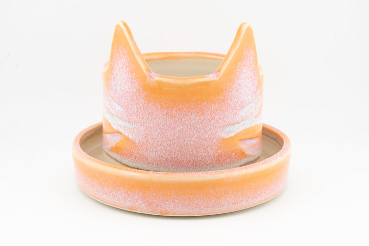 Peach and orange speckled kitty cat ceramic planter with raised ears