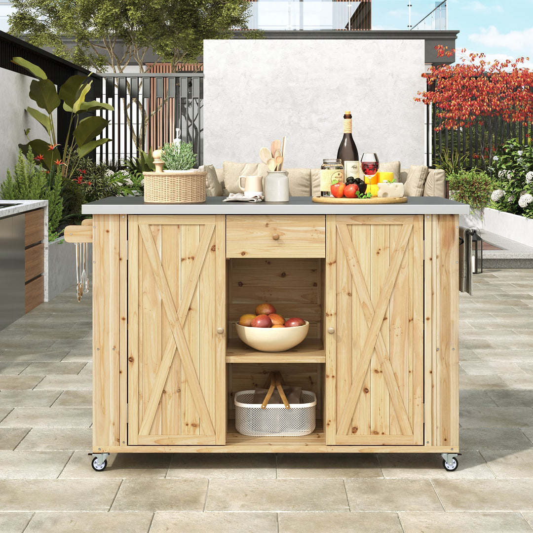 Fir Wood Kitchen Island with Stainless Steel Top