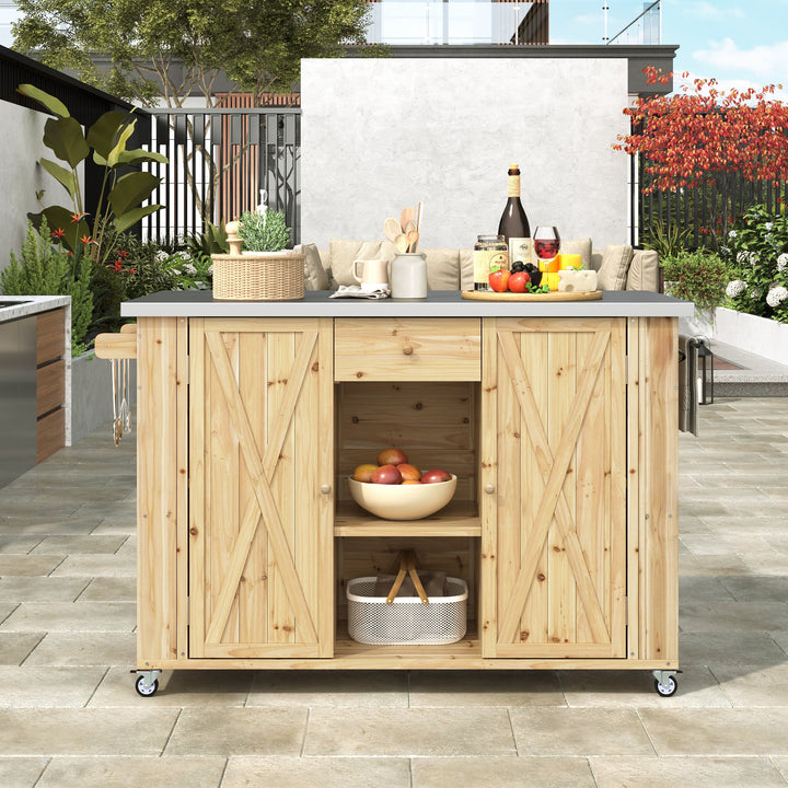 Fir Wood Kitchen Island with Stainless Steel Top