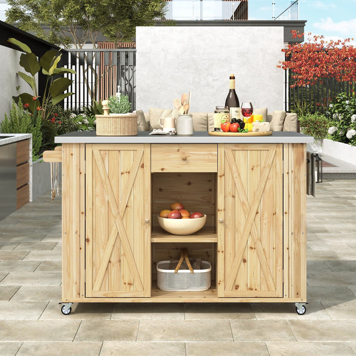Fir Wood Kitchen Island with Stainless Steel Top