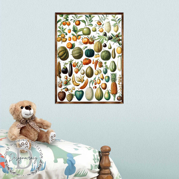 Framed fruit-themed wooden kids poster with colorful illustrated fruit and leaves