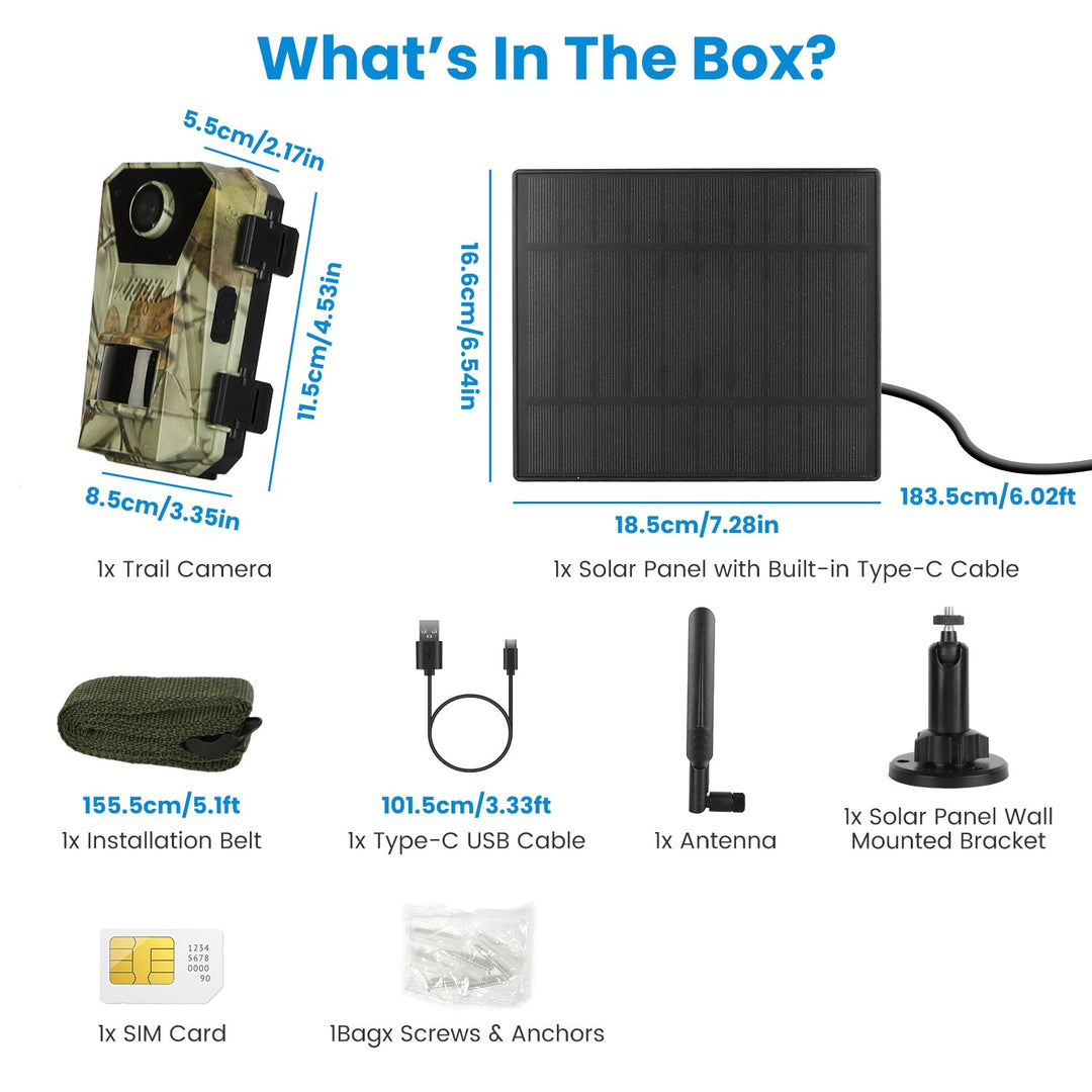 Solar trail camera kit contents with trail camera, solar panel, brackets, cable, and SIM card