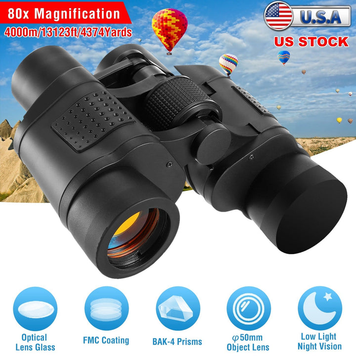 Black 80x binoculars with textured grip pads and large objective lenses