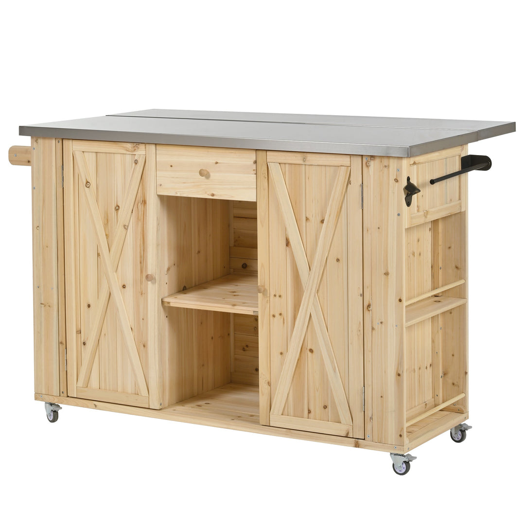 Fir Wood Kitchen Island with Stainless Steel Top