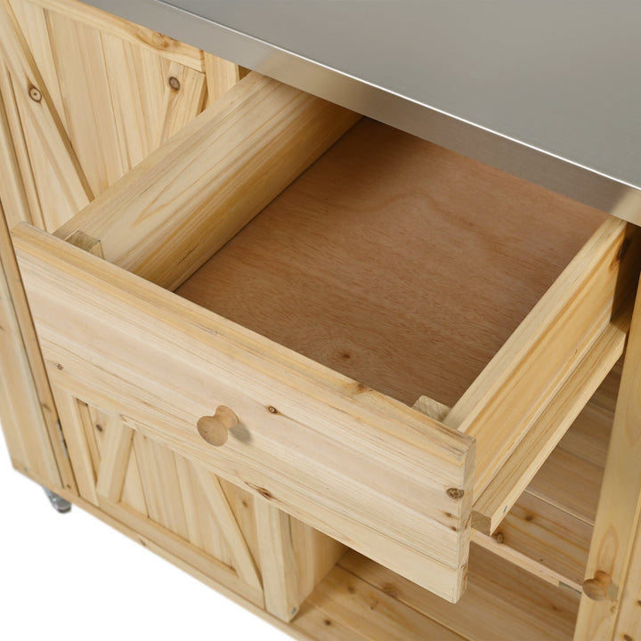 Fir Wood Kitchen Island with Stainless Steel Top