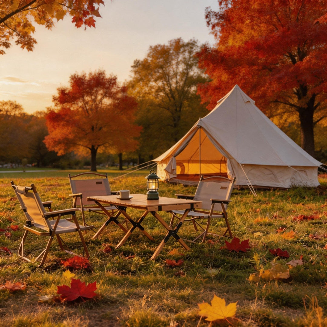 Bell tent campsite with open doorway and table set up, beige canvas in autumn setting