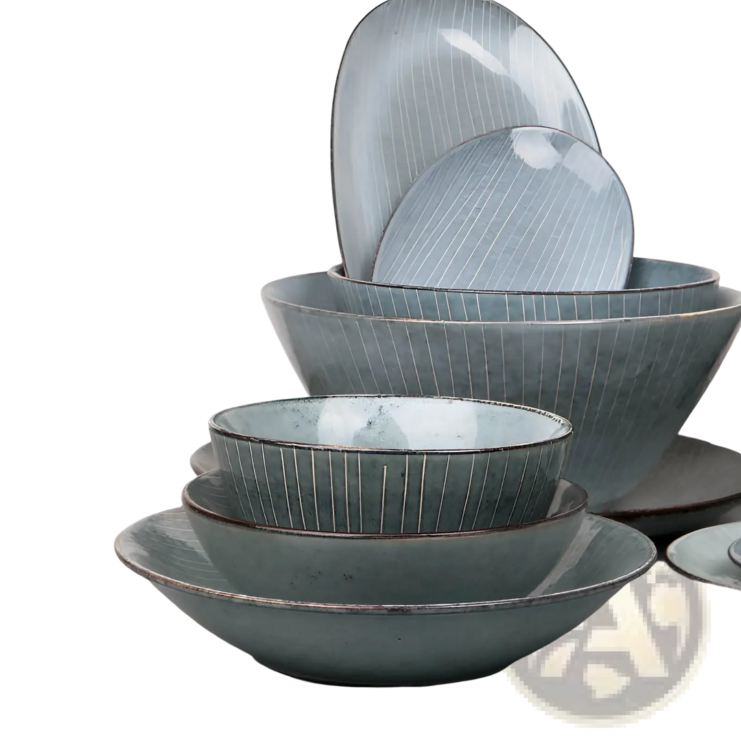 Ceramic Dinnerware Set Retro Ribbed Plates and Bowls