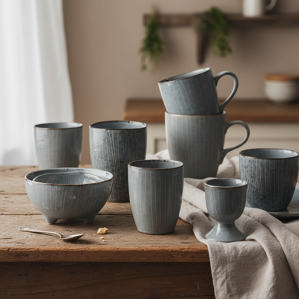 Ceramic Dinnerware Set Retro Ribbed Plates and Bowls