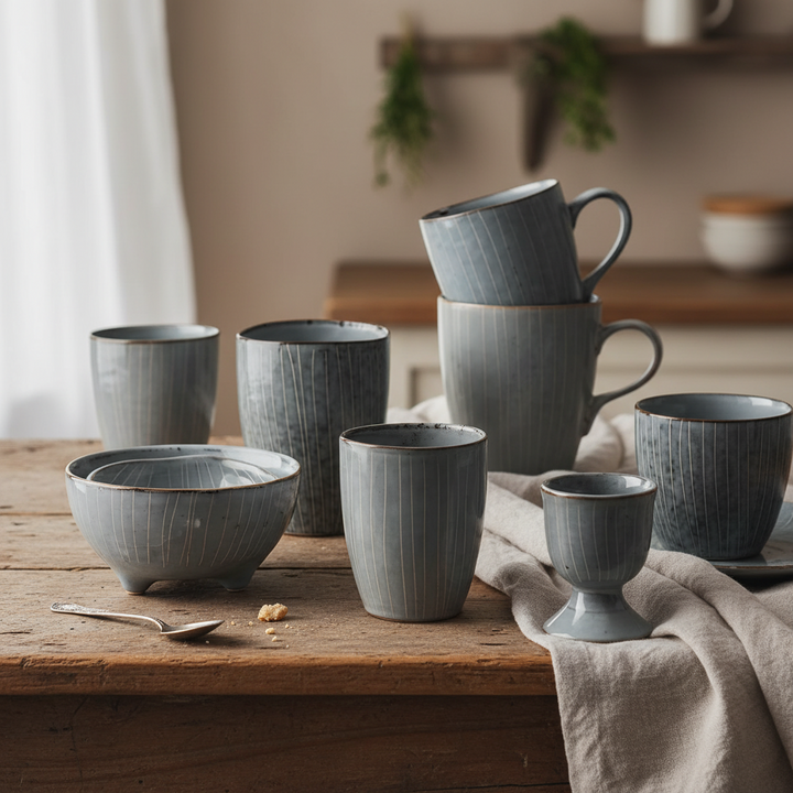 Ceramic Dinnerware Set Retro Ribbed Plates and Bowls