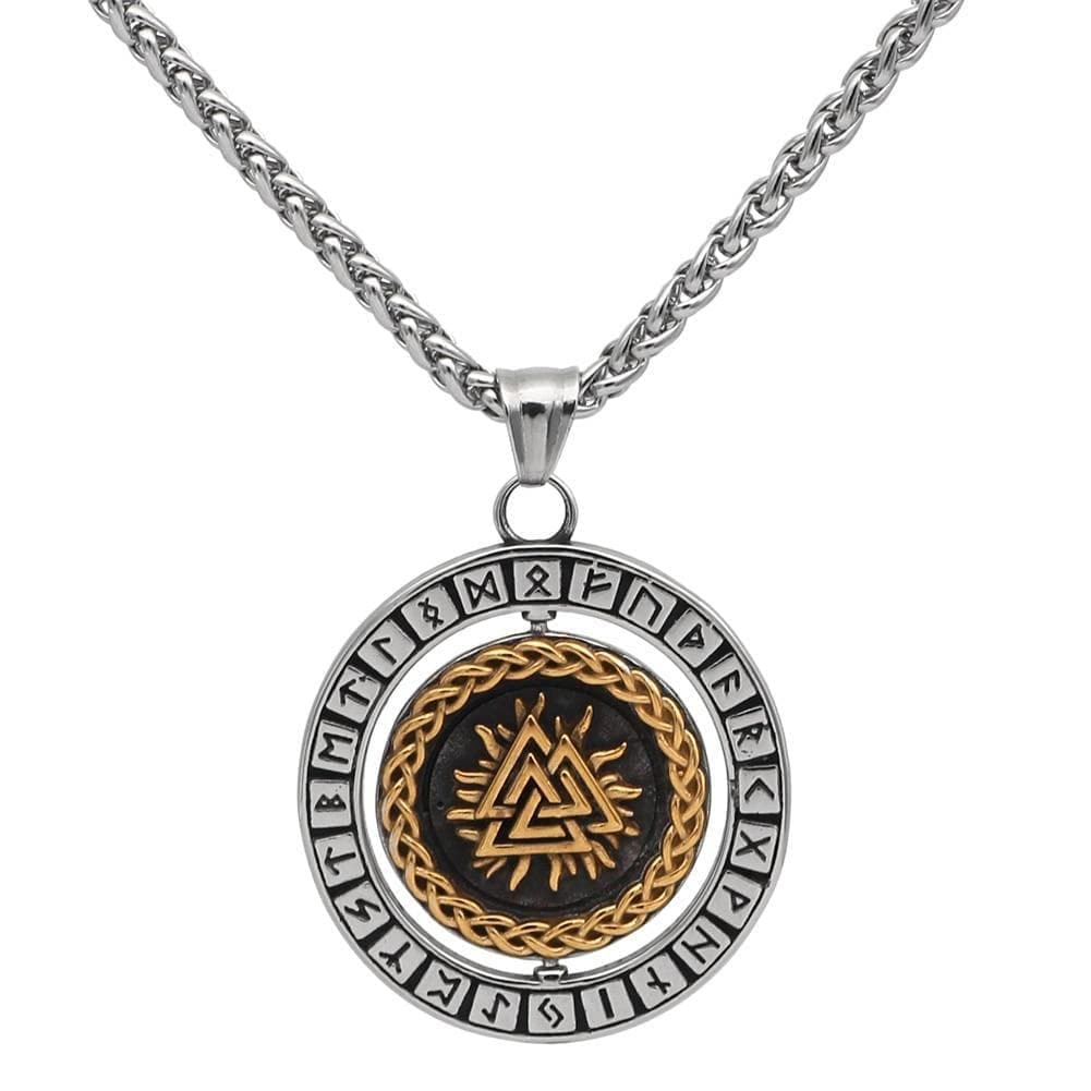 Stainless steel rune pendant necklace, round silver frame, gold braid, dark center.