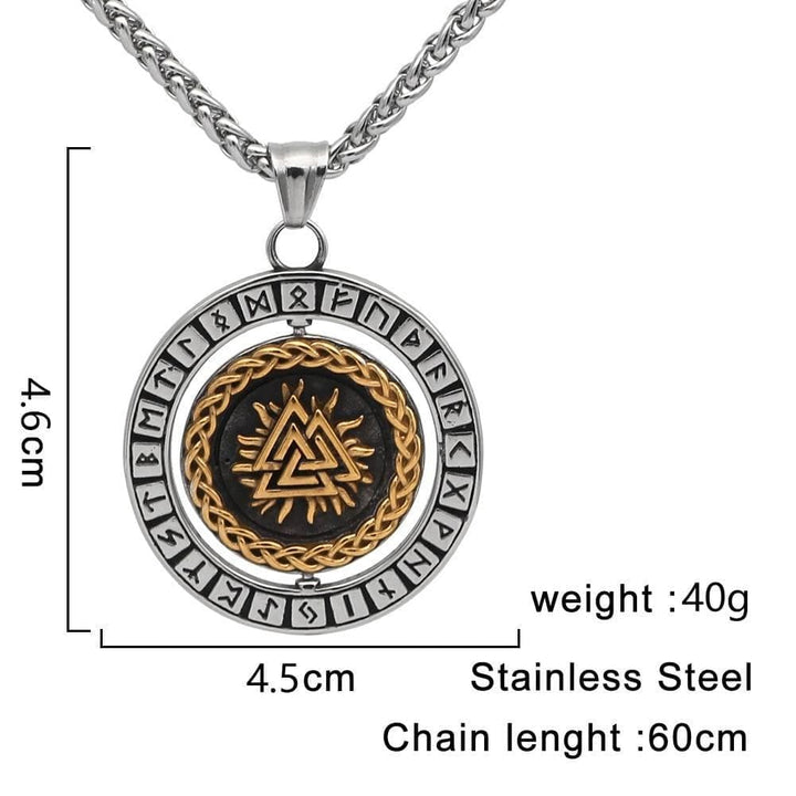 Stainless steel round rune pendant necklace with gold-tone braid and long chain, 60cm.