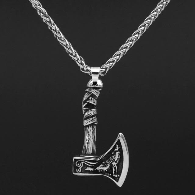 Stainless steel wolf-themed axe pendant necklace with loop clasp