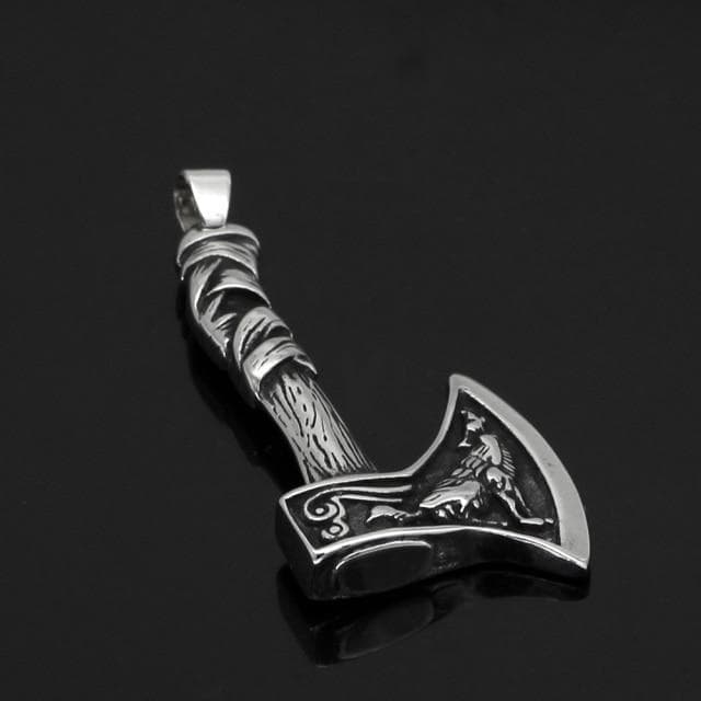 Stainless steel wolf-themed axe pendant, detailed engravings