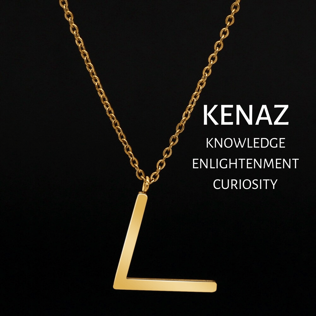 Gold-tone rune pendant necklace featuring the KENAZ symbol on a chain