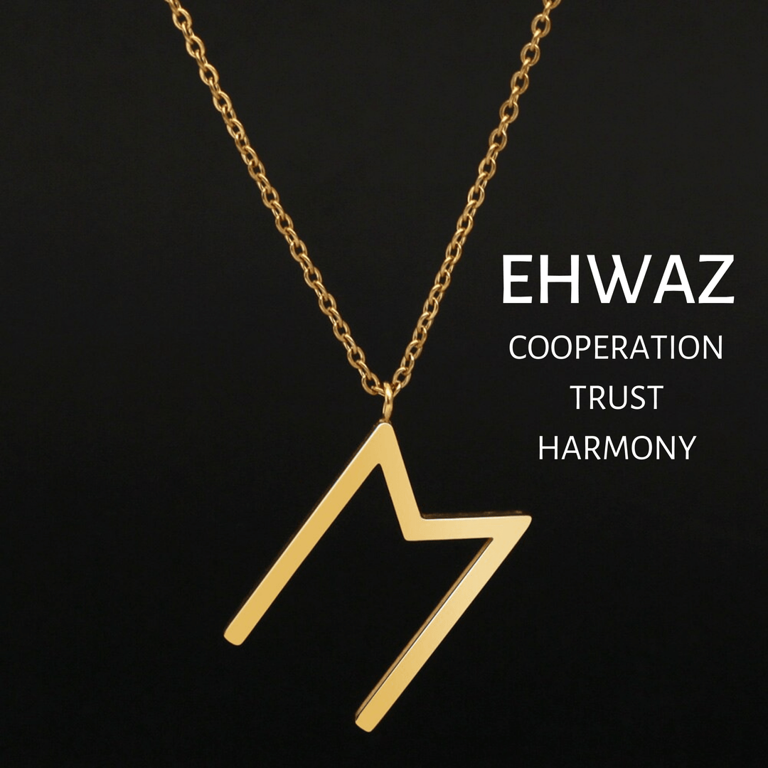 Gold EHWAZ rune pendant necklace with link chain and clasp