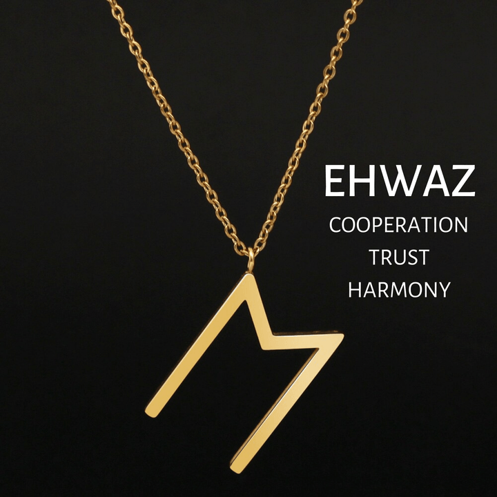 Gold EHWAZ rune pendant necklace with link chain and clasp
