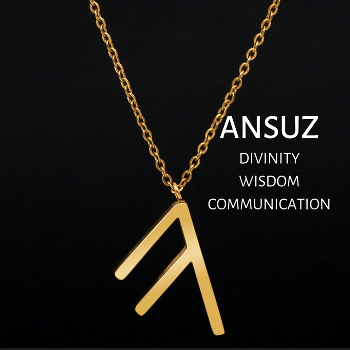 Gold-tone rune pendant necklace featuring the ANSUZ symbol on a chain