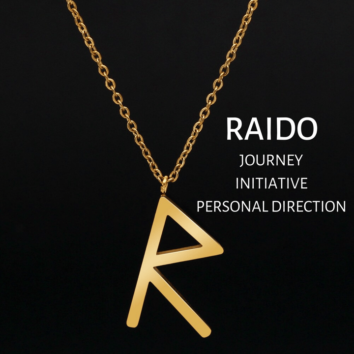 Gold rune pendant necklace with RAIDO symbol on a chain