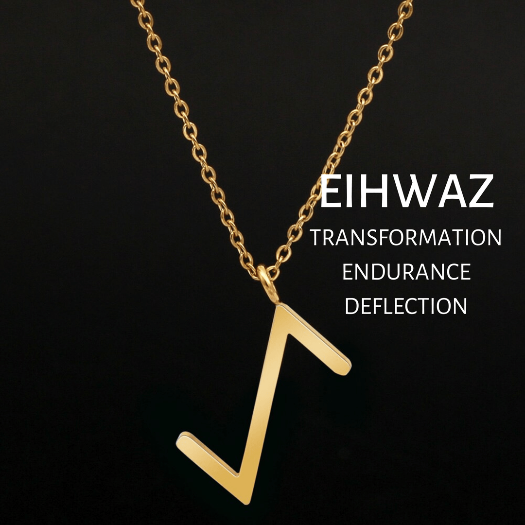 Gold EIHWAZ rune pendant necklace with link chain and clasp