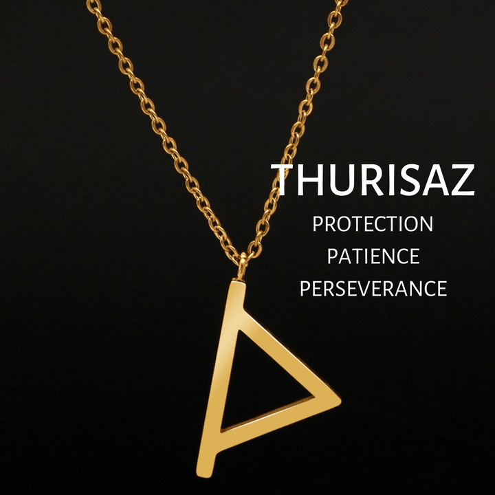 Gold THURISAZ rune pendant necklace with link chain and clasp