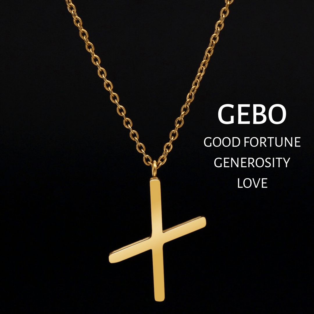 Gold rune pendant necklace with GEBO cross symbol on a chain