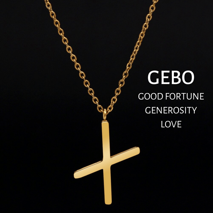 Gold rune pendant necklace with GEBO cross symbol on a chain